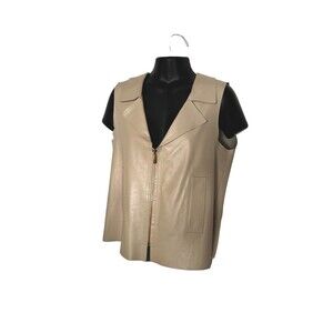 Oscar De La Renta Genuine Leather Vest Beige Gold Zipper Size 10 Made In USA